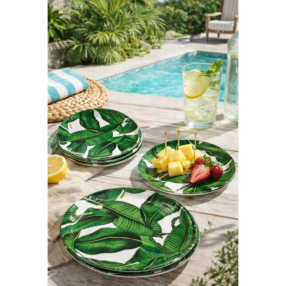 Tropical‎ Banana Leaf Melamine Plates Set 6 Green Summer Poolside Outdoor